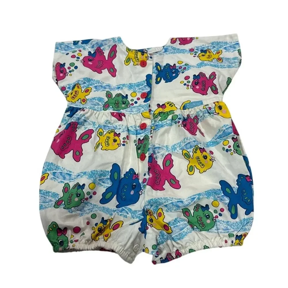 Vintage OshKosh B'gosh Baby 24M Fish Print Bubble Romper Retro Bright Rare